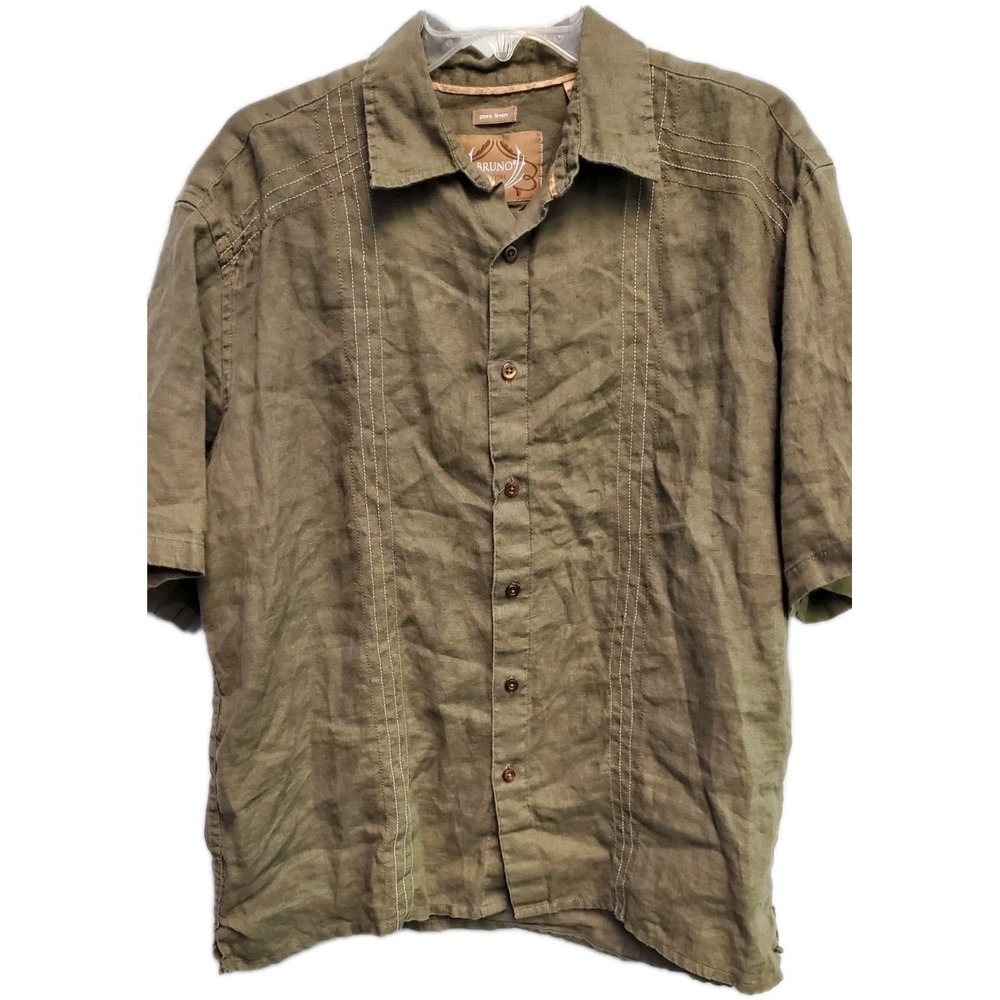 Bruno New York Linen Shirt Olive/Army Green Button Up SS Camp Bowling Size Large